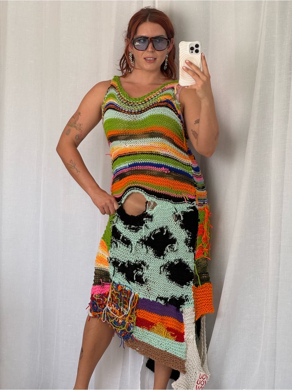 Handmade Multicolor Patchwork Knit Skirt - Green Accent